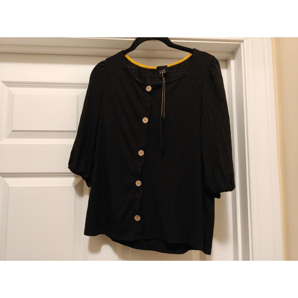W5 Who Wear What When Where Black Ribbed Button Front Puff Sleeve Top Size M NEW
